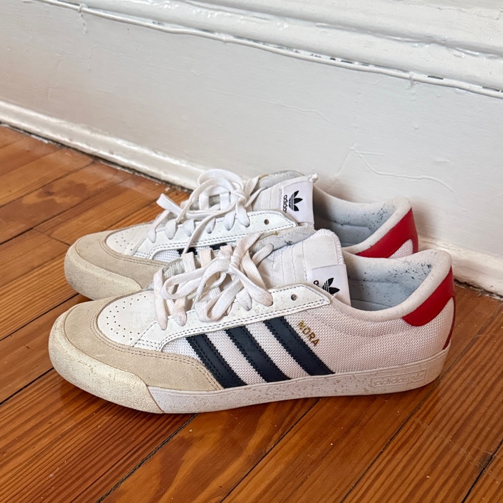 Adidas White and Red Sneakers with Black Stripes